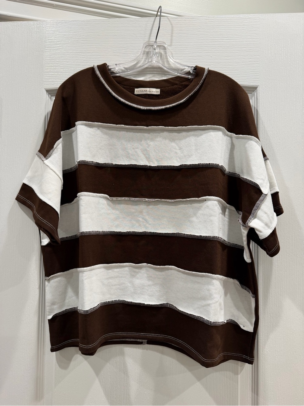 Zenana Brown and White Striped Short-Sleeve Shirt